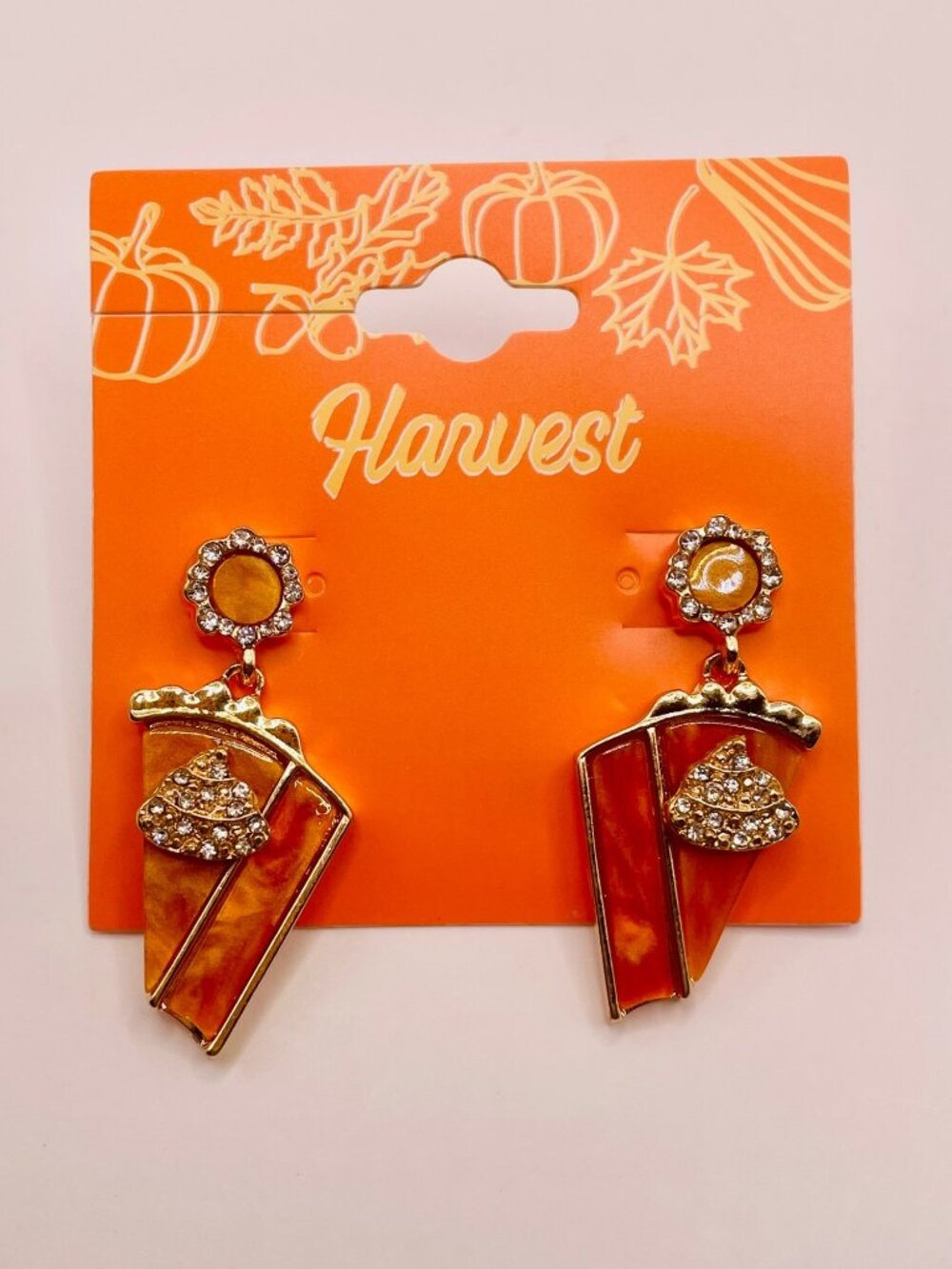 Pumpkin Pie Rhinestone Dangle Earrings Holiday Fall Harvest -16B